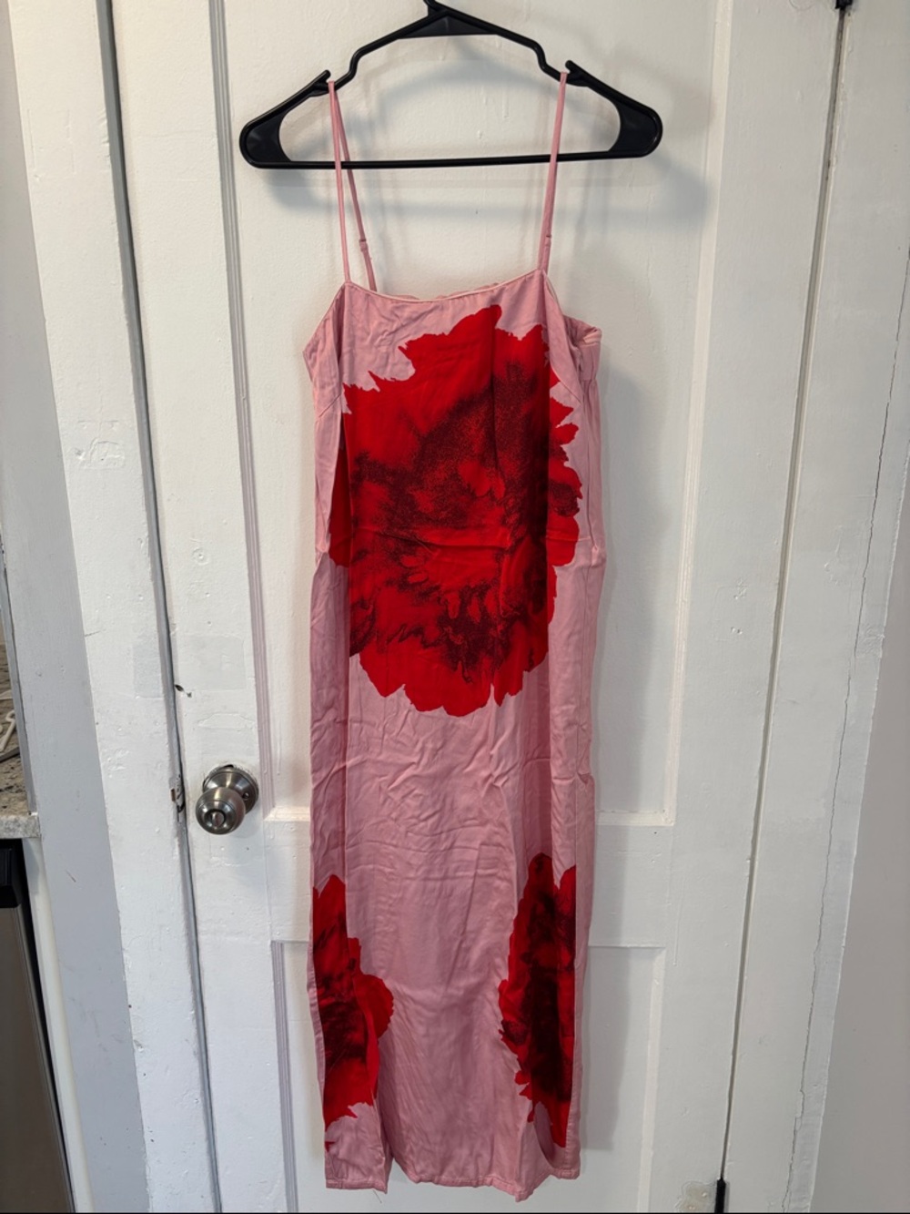 Pink Maxi Slip Dress with Red Floral Print size small